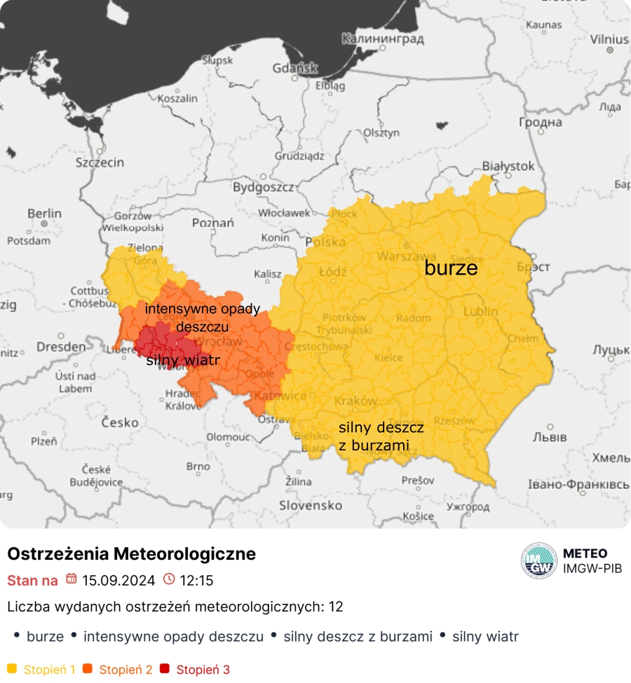 Mapa obowiązujących ostrzeżeń meteorologicznych. Źródło: IMGW-PIB.