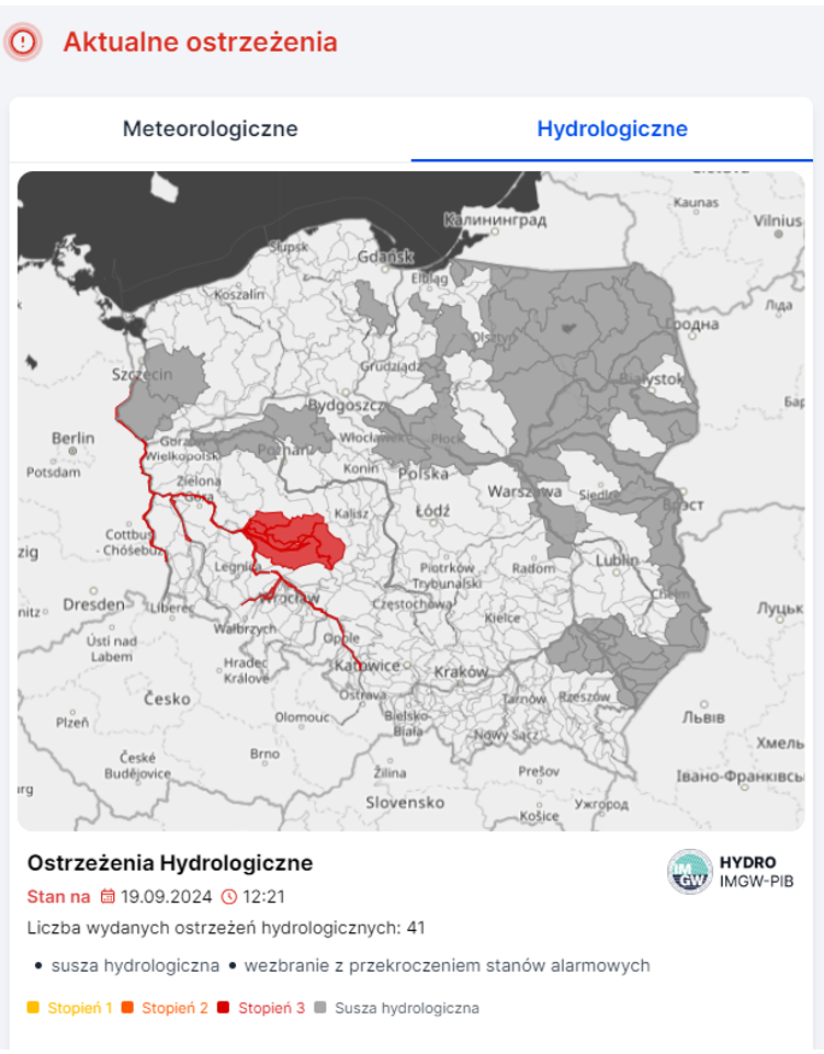 Mapa obowiązujących ostrzeżeń hydrologicznych. Źródło: IMGW-PIB