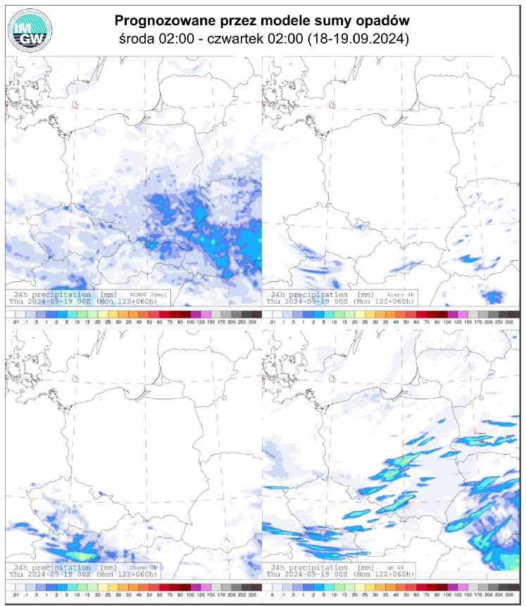 Prognozowana dobowa suma opadów od środy (18.09.2024) godz. 00 UTC do czwartku (19.09.2024) godz. 00 UTC wg wyników modeli ECMWF 0.1°, Alaro 4 km, COSMO 7 km, UM 4 km.