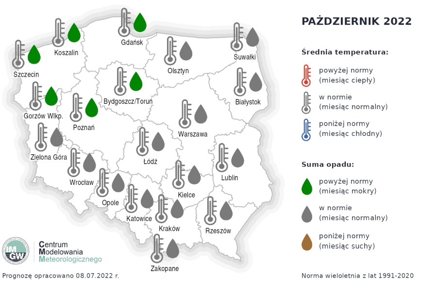 Prognoza średniej miesięcznej temperatury powietrza i miesięcznej sumy opadów atmosferycznych na październik 2022 r. dla wybranych miast w Polsce