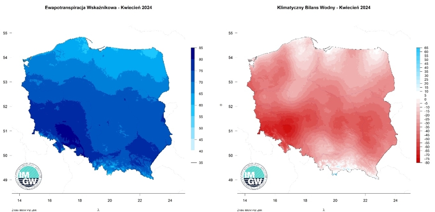 Przestrzenny rozkład sumy parowania potencjalnego (po lewej) oraz przestrzenny rozkład klimatycznego bilansu wodnego (po prawej) – kwiecień 2024 r.