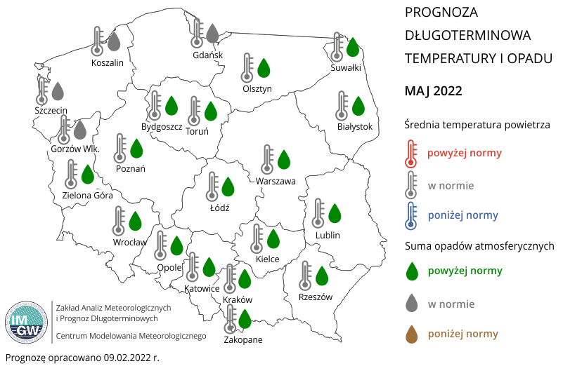 Rys.3. Prognoza średniej miesięcznej temperatury powietrza i miesięcznej sumy opadów atmosferycznych na maj 2022 r. dla wybranych miast w Polsce