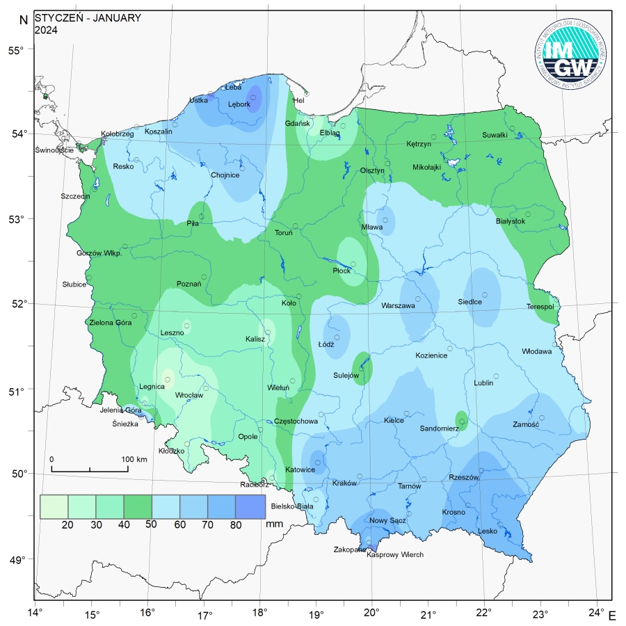 Przestrzenny rozkład miesięcznej sumy opadów w styczniu 2024 r.