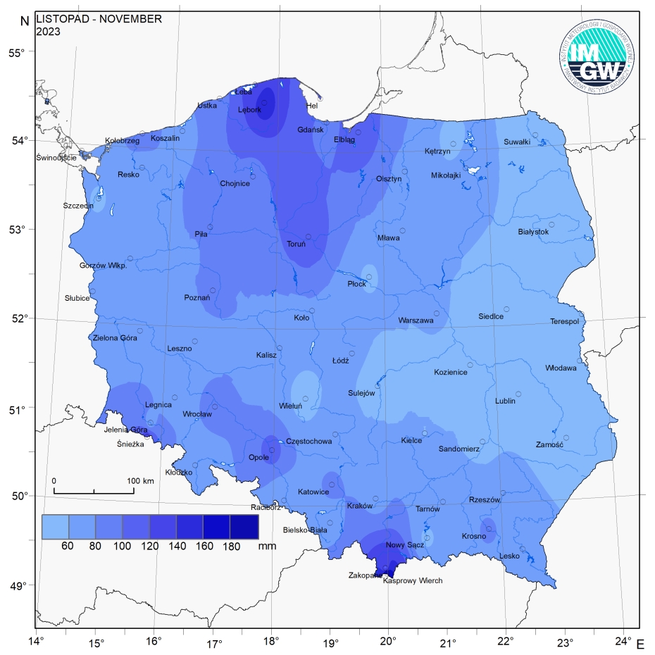 Przestrzenny rozkład miesięcznej sumy opadów w listopadzie 2023 r. 