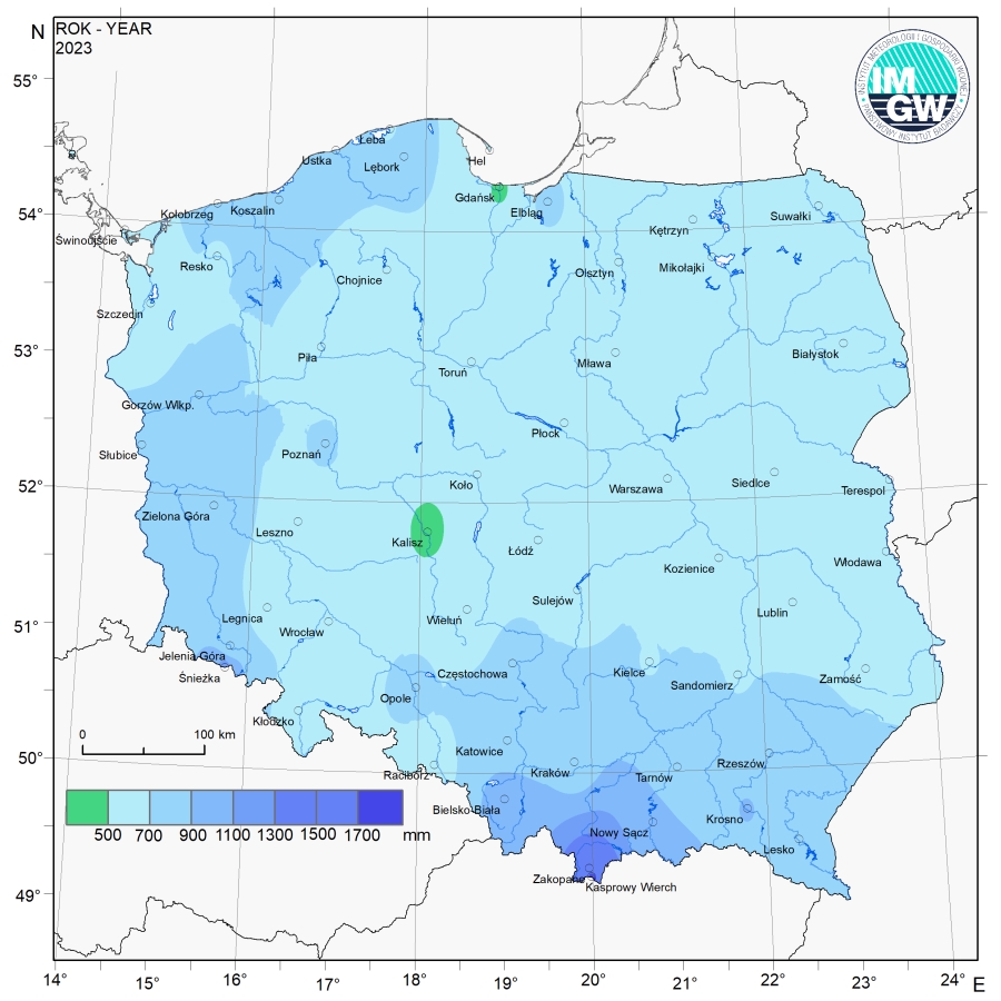 Przestrzenny rozkład rocznej sumy opadów w 2023 r. 