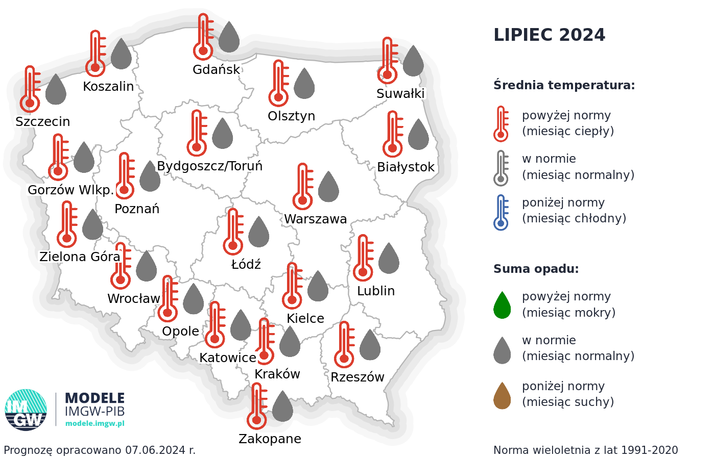 Rys. 1. Prognoza średniej miesięcznej temperatury powietrza i miesięcznej sumy opadów atmosferycznych na lipiec 2024 r. dla wybranych miast w Polsce