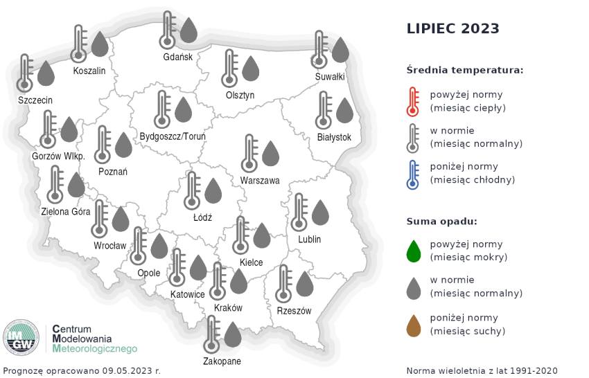 Rys.2. Prognoza średniej miesięcznej temperatury powietrza i miesięcznej sumy opadów atmosferycznych na lipiec 2023 r. dla wybranych miast w Polsce