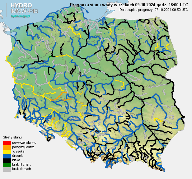 Prognozowana sytuacja hydrologiczna 09.10.2024 r. (18 UTC)