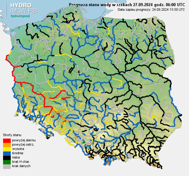 Prognozowana sytuacja hydrologiczna 27.09.2024 r. (06 UTC)