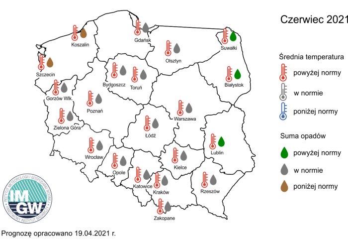 Rys. 1. Prognoza średniej miesięcznej temperatury powietrza i miesięcznej sumy opadów atmosferycznych na czerwiec 2021 r. dla wybranych miast w Polsce