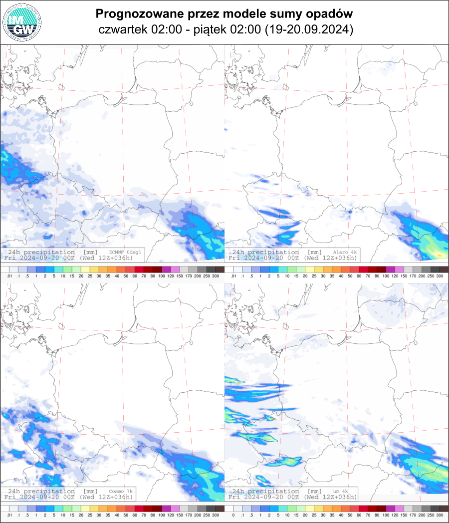 Prognozowana dobowa suma opadów na czwartek (19.09 02 UTC - 20.09 02 UTC) wg wyników modeli ECMWF 0.1°, Alaro 4 km, COSMO 7 km, UM 4 km.