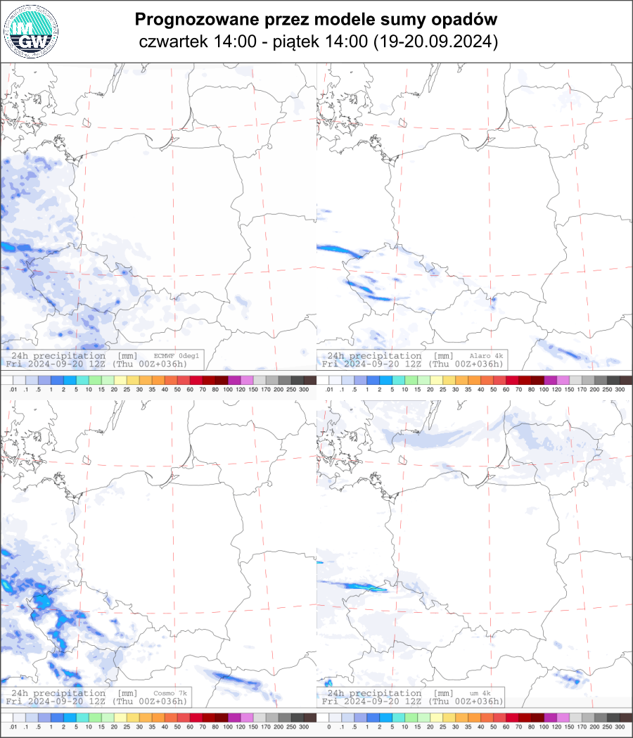 Prognozowana dobowa suma opadów na czwartek i piątek (19.09 12 UTC - 20.09 12 UTC) wg wyników modeli ECMWF 0.1°, Alaro 4 km, COSMO 7 km, UM 4 km.