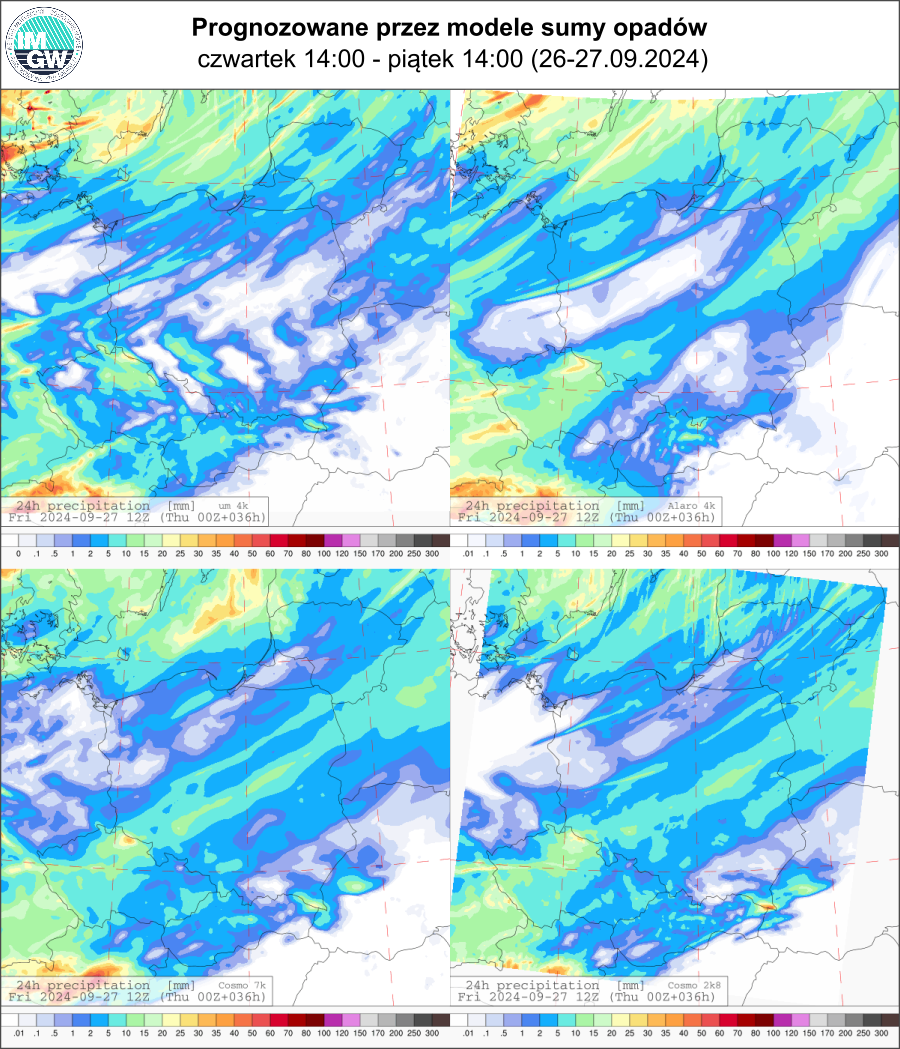 Prognozowana dobowa suma opadów na czwartek i piątek (26.09.2024, 12 UTC - 27.09.2024, 12 UTC) wg wyników modeli UM 4 km, Alaro 4 km, COSMO 7 km, COSMO 2.8 km.