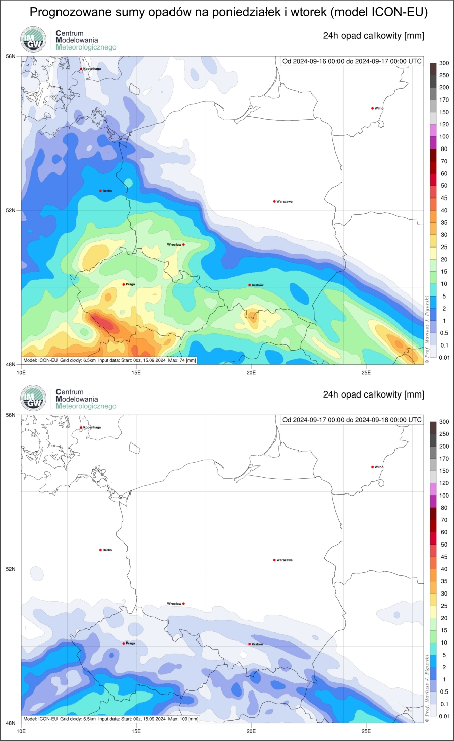 Prognozowana dobowa suma opadów na sobotę (14.09) i niedzielę (15.09) wg. modelu ICON-EU.