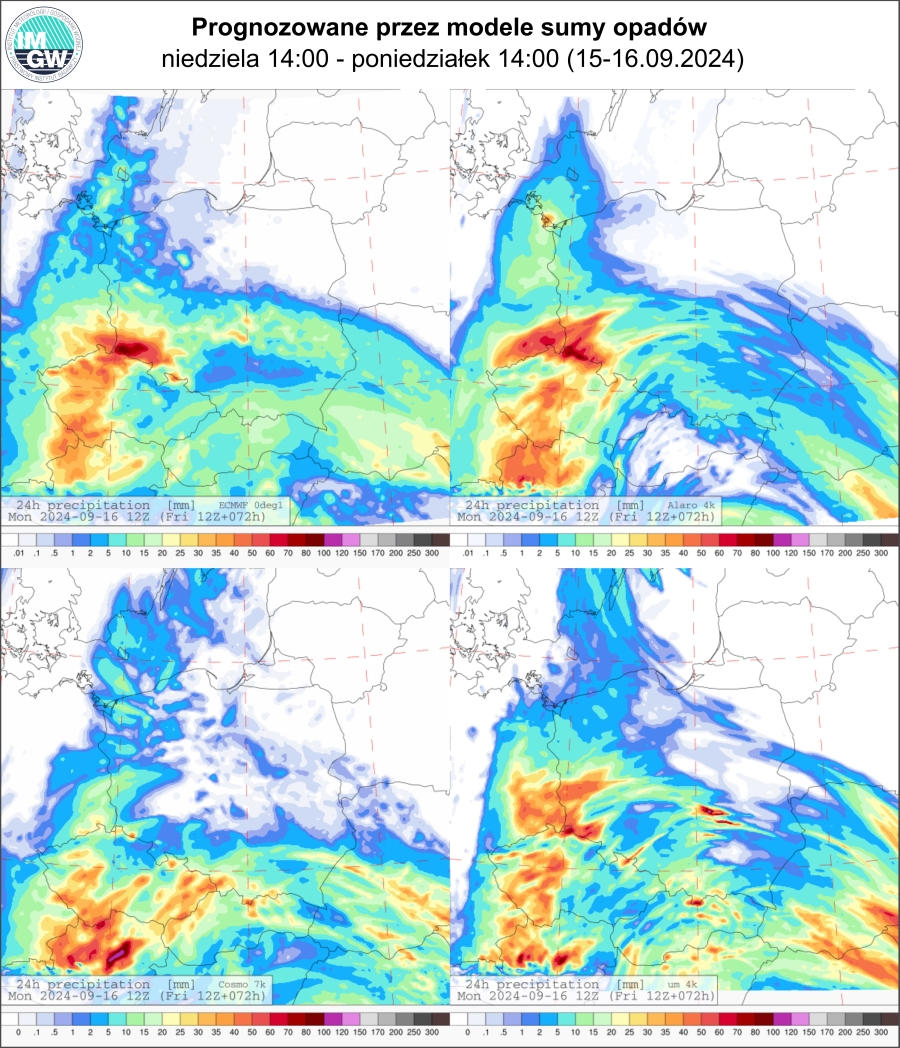 Prognozowana dobowa suma opadów od niedzieli (15.09.2024) godz. 12 UTC do poniedziałku (16.09.2024) godz. 12 UTC wg wyników modeli ECMWF 0.1°, Alaro 4 km, COSMO 7 km, UM 4 km.