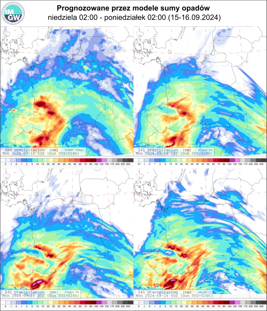 Prognozowana dobowa suma opadów na niedzielę (15.09 00 UTC - 16.09 00 UTC) wg wyników modeli ECMWF 0.1°, Alaro 4 km, COSMO 7 km, UM 4 km.