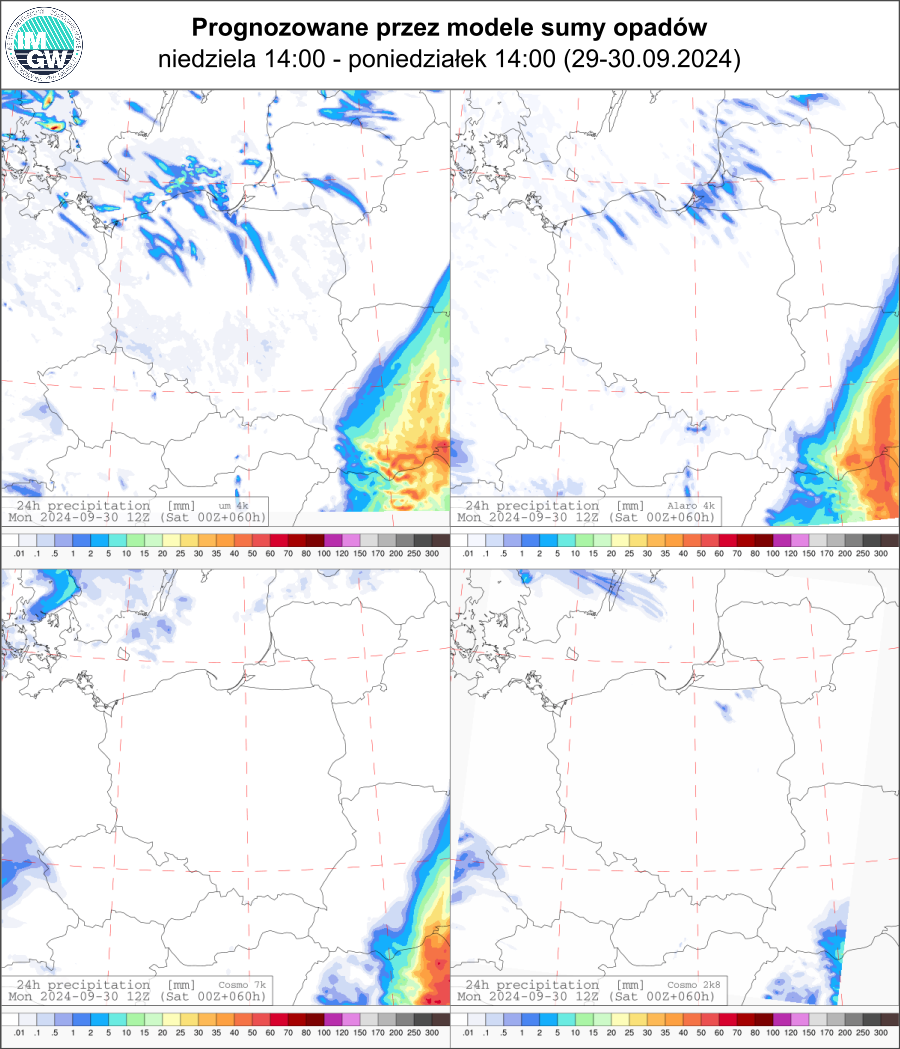 Prognozowana dobowa suma opadów na niedzielę i poniedziałek (29.09.2024, 12 UTC - 30.09.2024, 12 UTC) wg wyników modeli UM 4 km, Alaro 4 km, COSMO 7 km, COSMO 2.8 km.