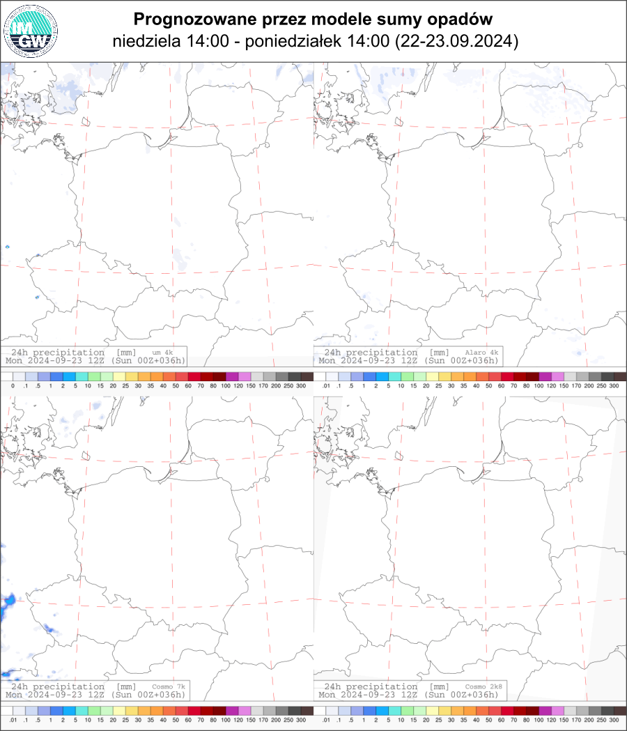 Prognozowana dobowa suma opadów na niedzielę i poniedziałek (22.09.2024, 12 UTC - 23.09.2024, 12 UTC) wg wyników modeli ECMWF 0.1°, Alaro 4 km, COSMO 7 km, UM 4 km.