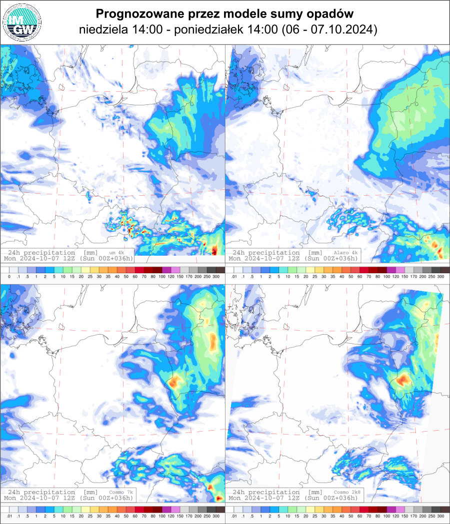 Prognozowana dobowa suma opadów na niedzielę i poniedziałek (06.10.2024, 12 UTC - 07.10.2024, 12 UTC) wg wyników modeli UM 4 km, Alaro 4 km, COSMO 7 km, COSMO 2.8 km.