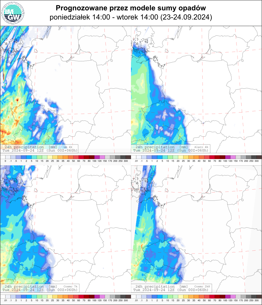 Prognozowana dobowa suma opadów na niedzielę i poniedziałek i wtorek (23.09.2024, 12 UTC - 24.09.2024, 12 UTC) wg wyników modeli UM 3 km, Alaro 4 km, COSMO 7 km, COSMO 2.8 km.