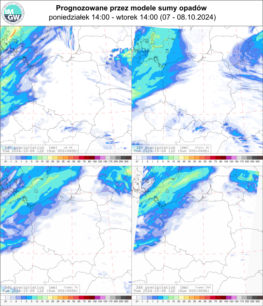 Prognozowana dobowa suma opadów na poniedziałek i wtorek (07.10.2024, 12 UTC - 07.10.2024, 12 UTC) wg wyników modeli UM 4 km, Alaro 4 km, COSMO 7 km, COSMO 2.8 km.