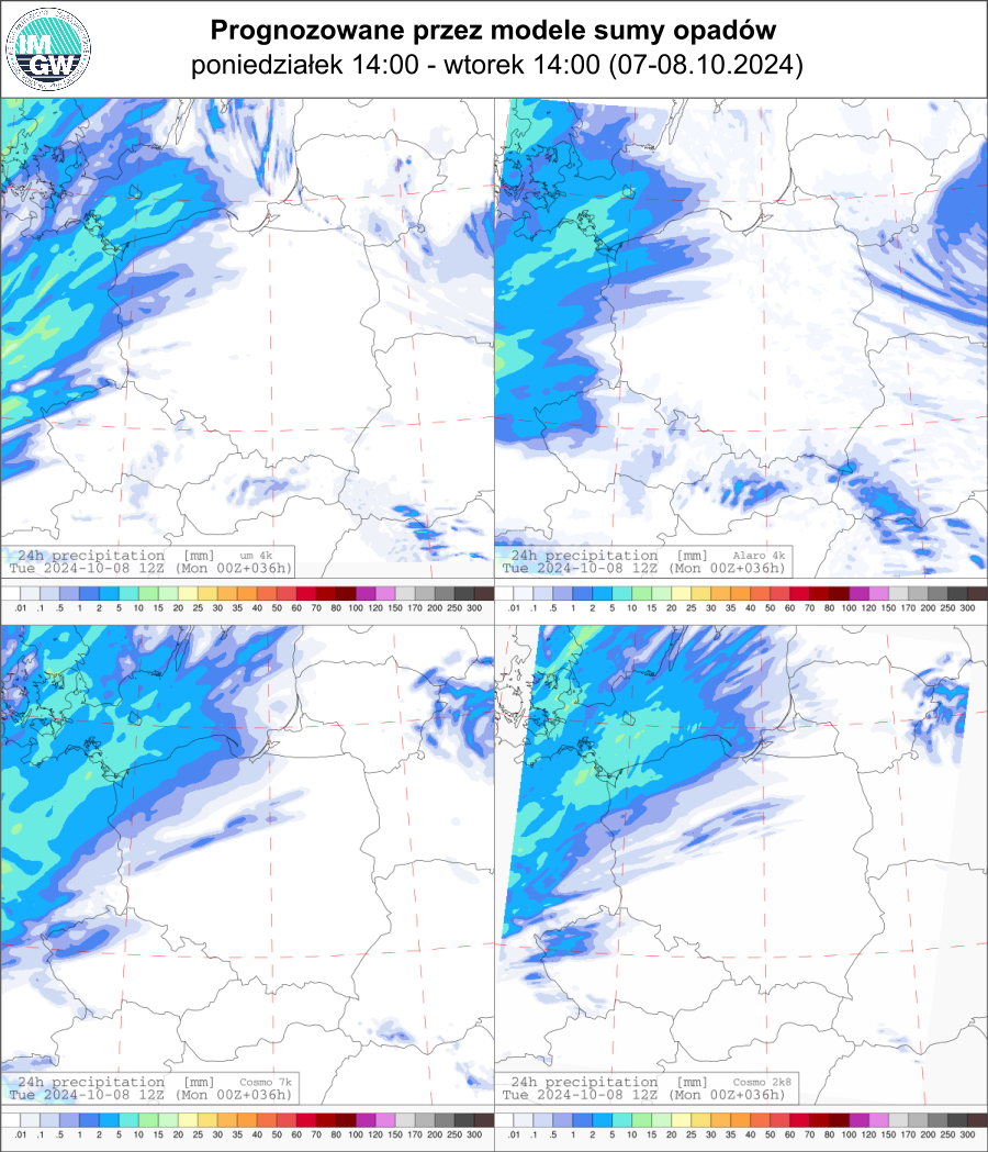 Prognozowana dobowa suma opadów na poniedziałek i wtorek (07.10.2024, 12 UTC - 08.10.2024, 12 UTC) wg wyników modeli UM 4 km, Alaro 4 km, COSMO 7 km, COSMO 2.8 km.