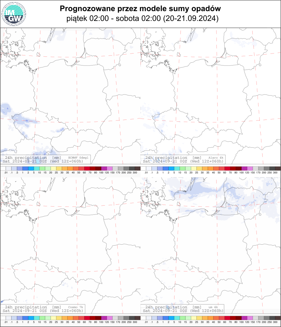 Prognozowana dobowa suma opadów na piątek (20.09 02 UTC - 21.09 02 UTC) wg wyników modeli ECMWF 0.1°, Alaro 4 km, COSMO 7 km, UM 4 km.