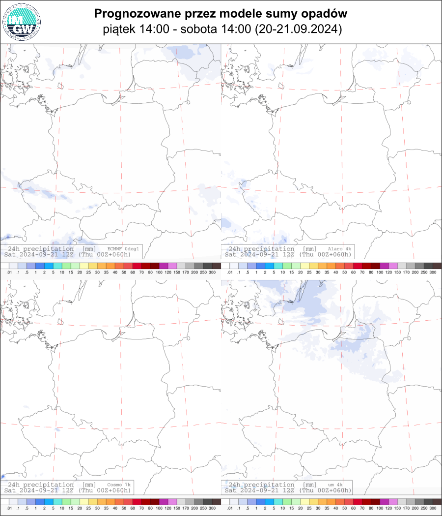 Prognozowana dobowa suma opadów na piątek i sobotę (20.09 12 UTC - 21.09 12 UTC) wg wyników modeli ECMWF 0.1°, Alaro 4 km, COSMO 7 km, UM 4 km.