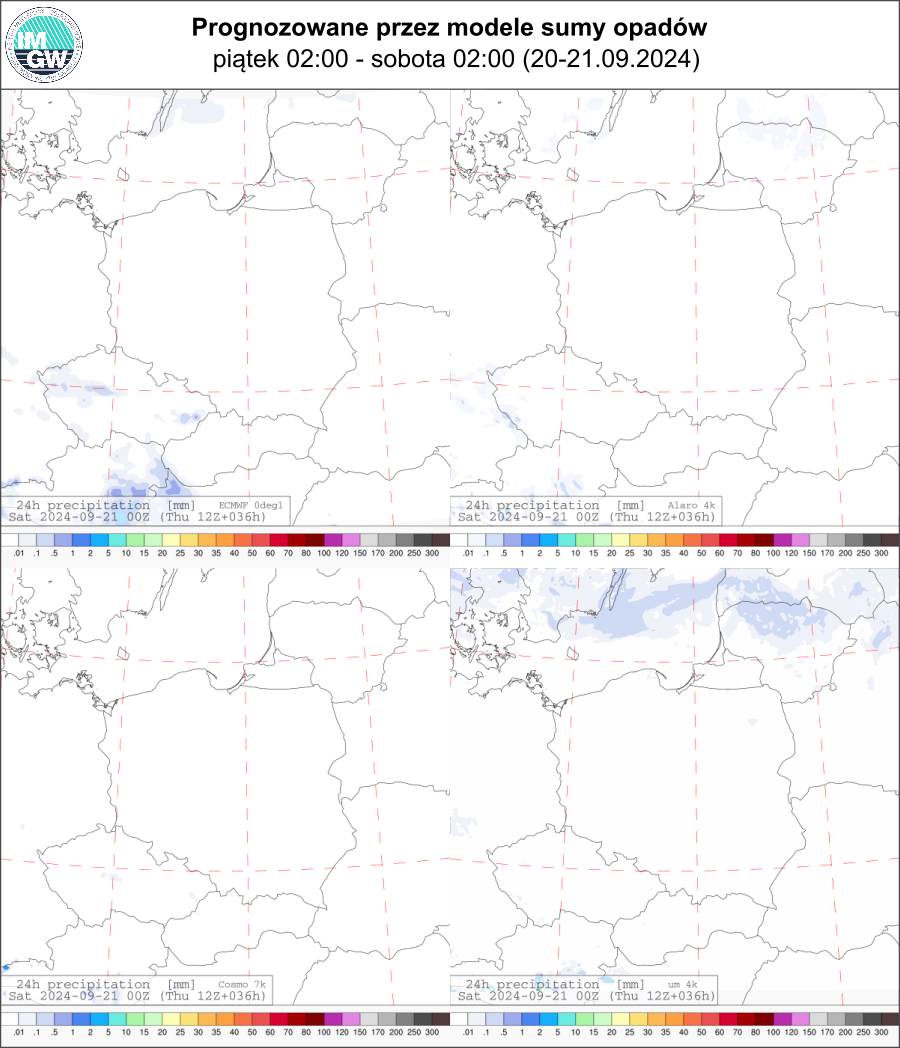 Prognozowana dobowa suma opadów na piątek (20.09 02 UTC - 21.09 02 UTC) wg wyników modeli ECMWF  0.1°, Alaro 4 km, COSMO 7 km, UM 4 km.