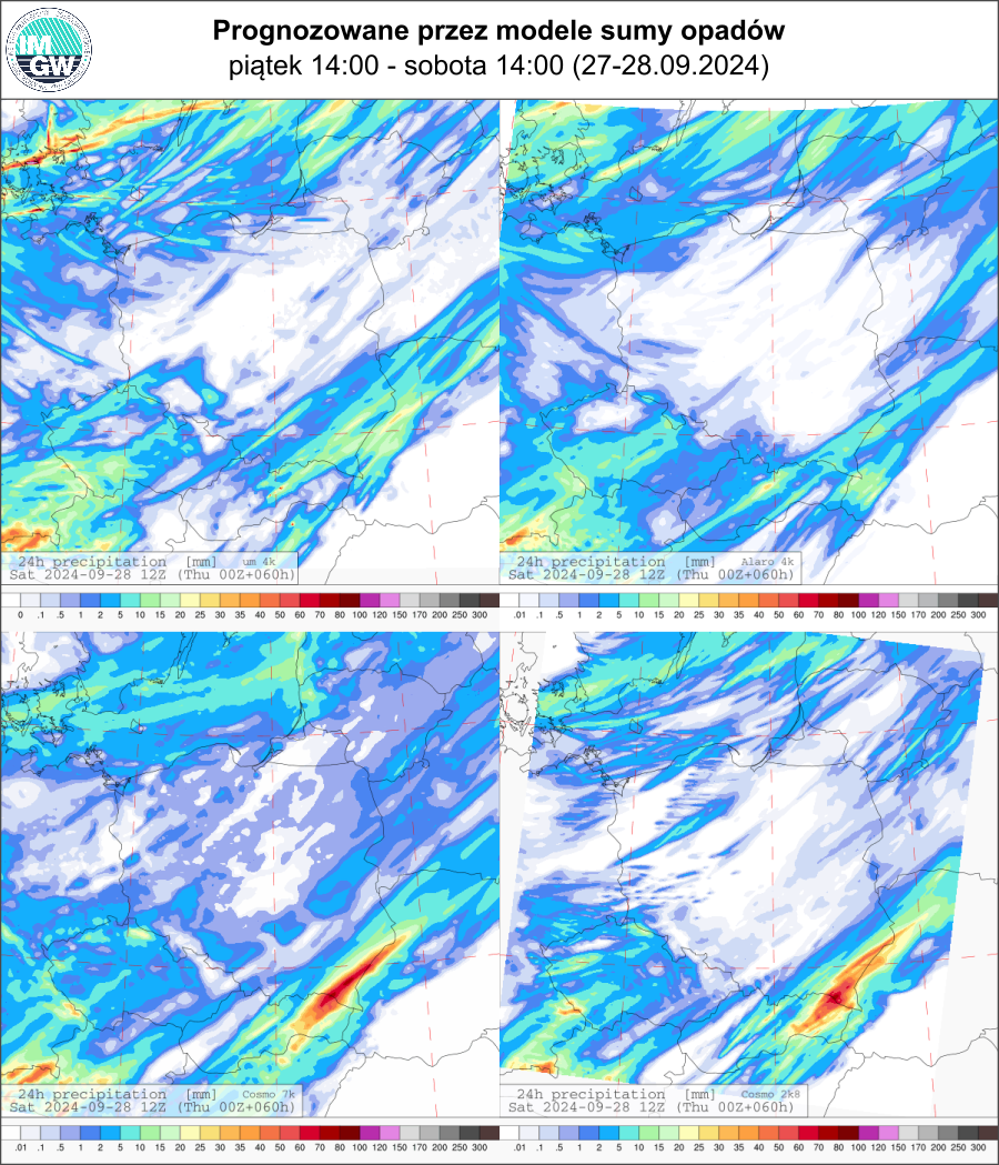 Prognozowana dobowa suma opadów na piątek i sobotę (27.09.2024, 12 UTC - 28.09.2024, 12 UTC) wg wyników modeli UM 4 km, Alaro 4 km, COSMO 7 km, COSMO 2.8 km.