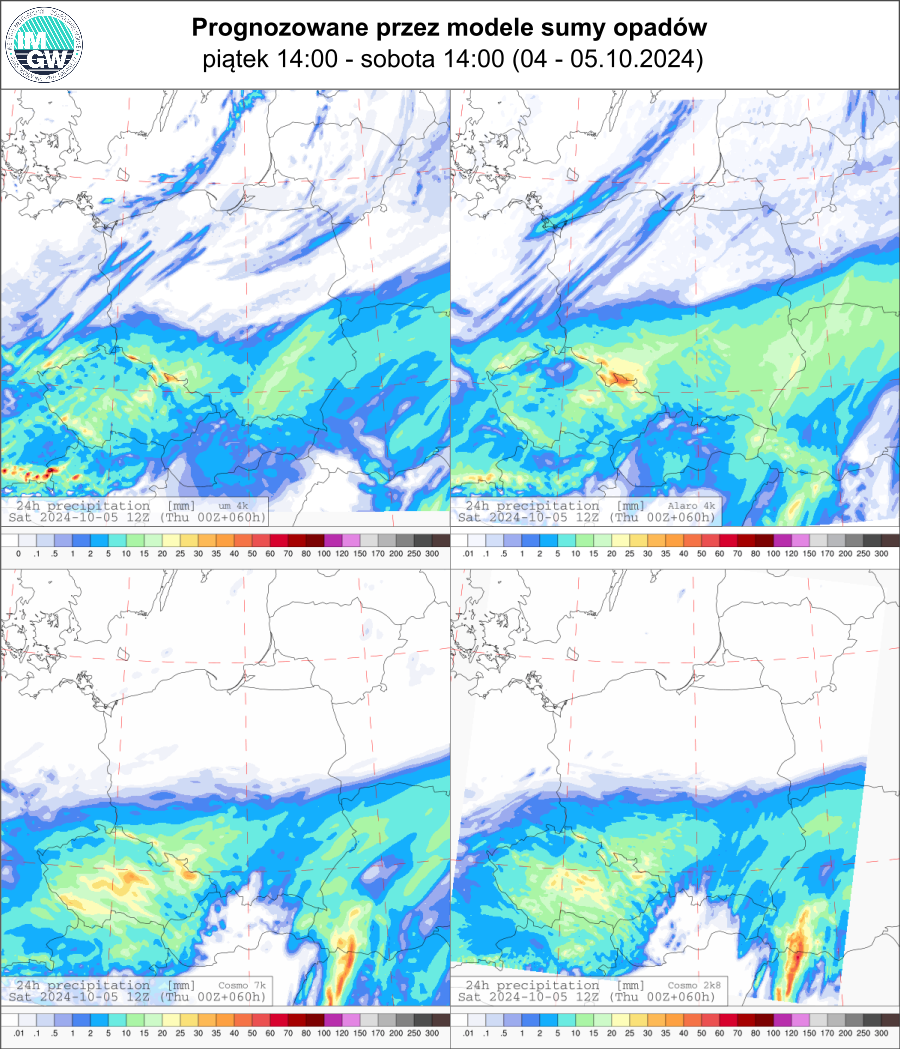 Prognozowana dobowa suma opadów na piątek i sobotę (04.10.2024, 12 UTC - 05.10.2024, 12 UTC) wg wyników modeli UM 4 km, Alaro 4 km, COSMO 7 km, COSMO 2.8 km.