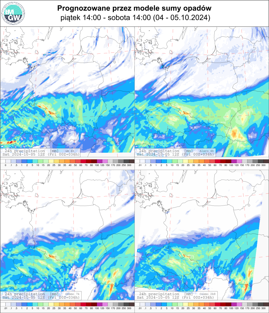 Prognozowana dobowa suma opadów na piątek i sobotę (04.10.2024, 12 UTC - 05.10.2024, 12 UTC) wg wyników modeli UM 4 km, Alaro 4 km, COSMO 7 km, COSMO 2.8 km.