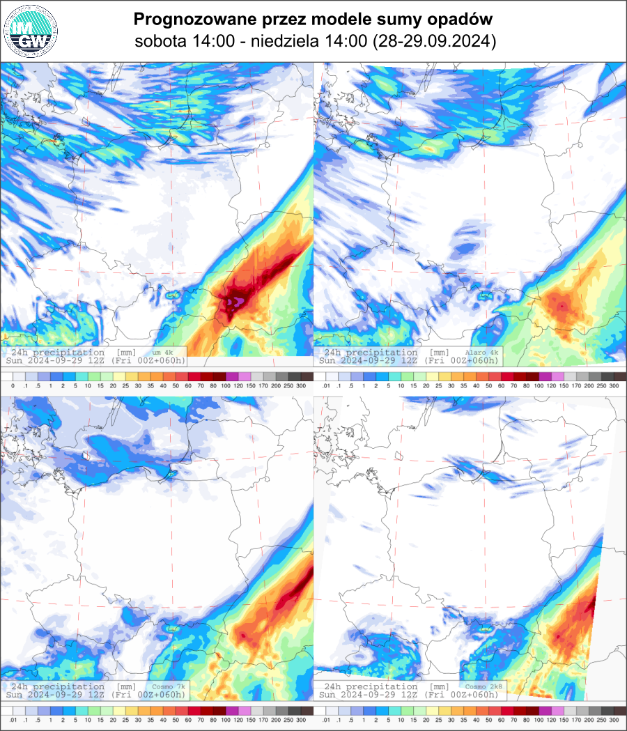 Prognozowana dobowa suma opadów na sobotę i niedzielę (28.09.2024, 12 UTC - 29.09.2024, 12 UTC) wg wyników modeli UM 4 km, Alaro 4 km, COSMO 7 km, COSMO 2.8 km.