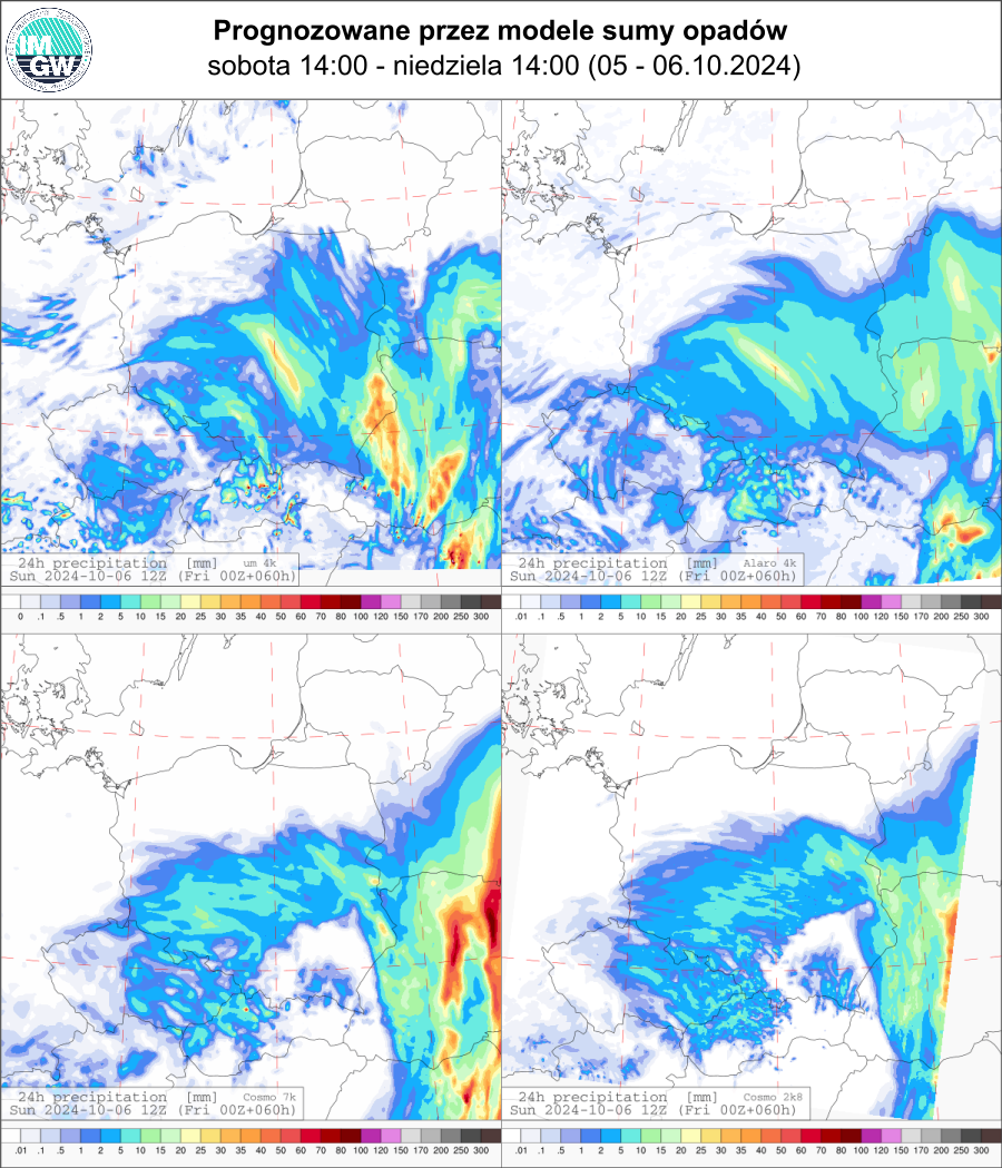 Prognozowana dobowa suma opadów na sobotę i niedzielę (05.10.2024, 12 UTC - 06.10.2024, 12 UTC) wg wyników modeli UM 4 km, Alaro 4 km, COSMO 7 km, COSMO 2.8 km.