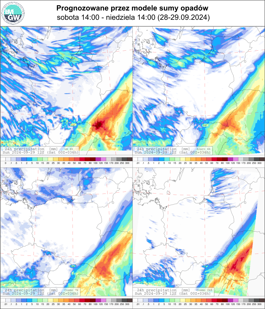 Prognozowana dobowa suma opadów na sobotę i w niedzielę (28.09.2024, 12 UTC - 29.09.2024, 12 UTC) wg wyników modeli UM 4 km, Alaro 4 km, COSMO 7 km, COSMO 2.8 km.