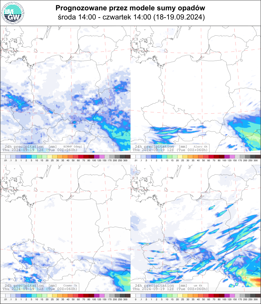 Prognozowana dobowa suma opadów na środę i czwartek (18.09 12 UTC - 19.09 12 UTC) wg wyników modeli ECMWF 0.1°, Alaro 4 km, COSMO 7 km, UM 4 km.