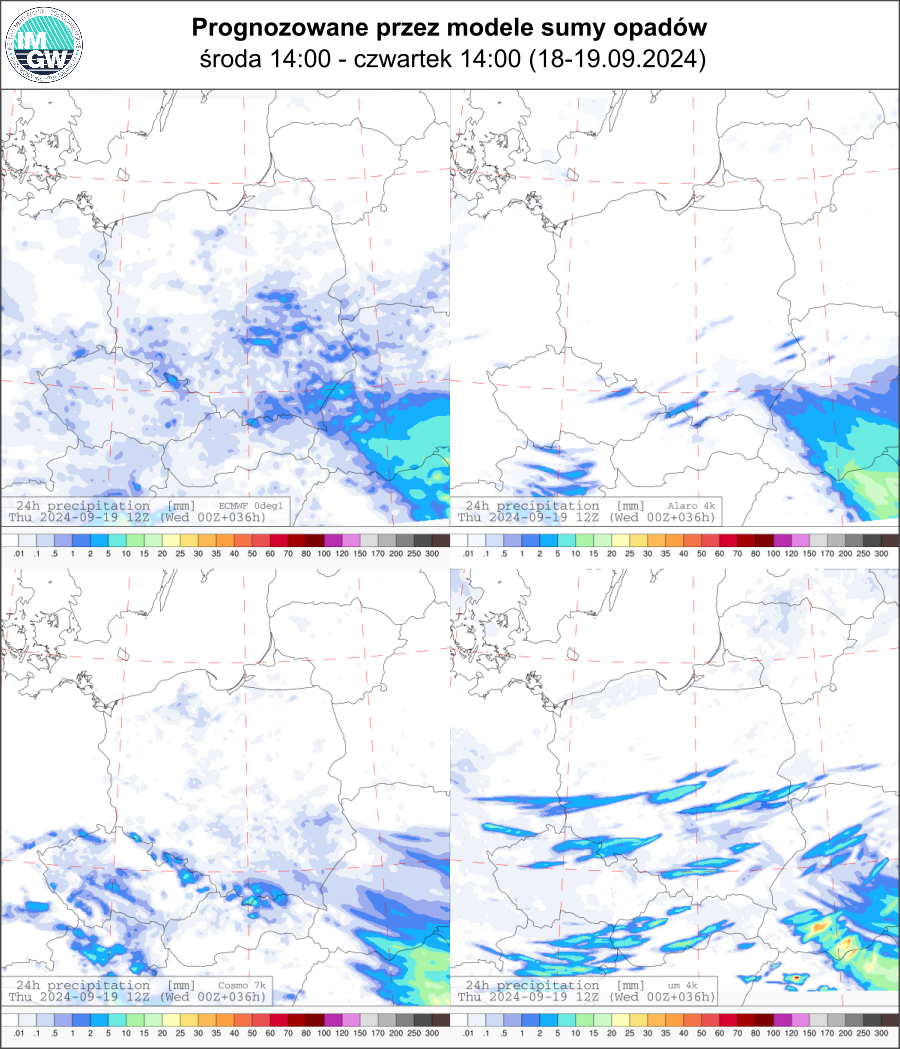 Prognozowana dobowa suma opadów na środę i czwartek (18.09 12 UTC - 19.09 12 UTC) wg wyników modeli ECMWF 0.1°, Alaro 4 km, COSMO 7 km, UM 4 km.