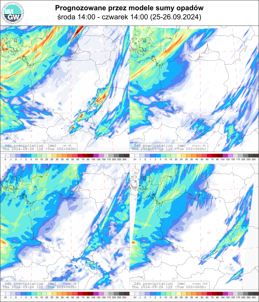 Prognozowana dobowa suma opadów na środę i czwartek (25.09.2024, 12 UTC - 26.09.2024, 12 UTC) wg wyników modeli UM 3 km, Alaro 4 km, COSMO 7 km, COSMO 2.8 km.