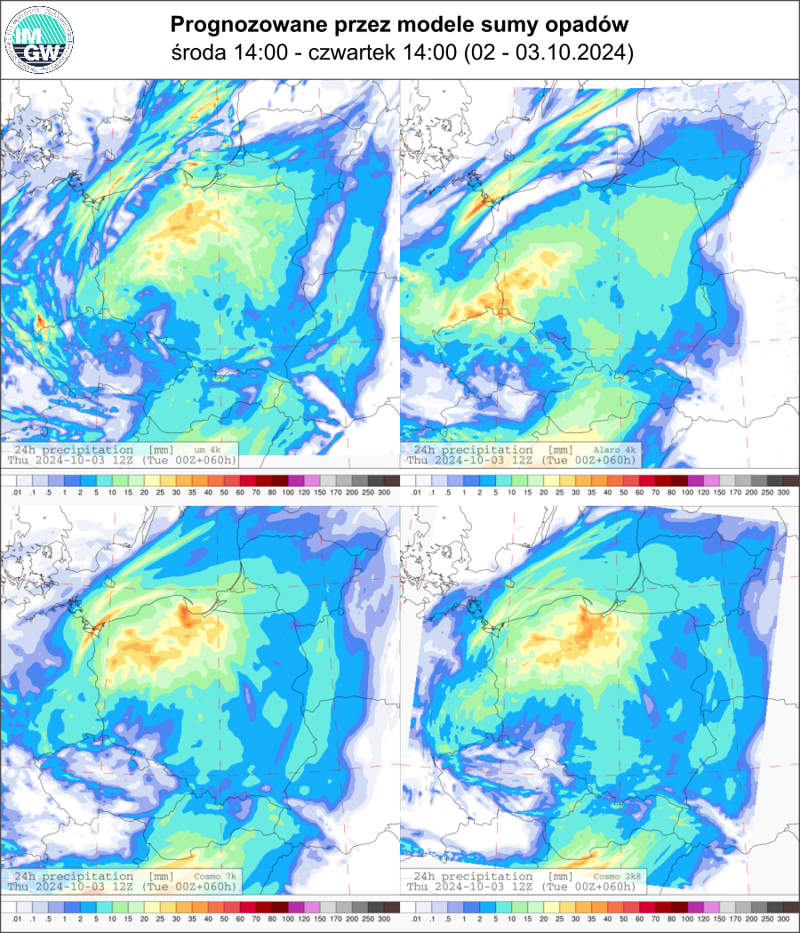 Prognozowana dobowa suma opadów na środę i czwartek (02.10.2024, 12 UTC - 03.10.2024, 12 UTC) wg wyników modeli UM 4 km, Alaro 4 km, COSMO 7 km, COSMO 2.8 km.