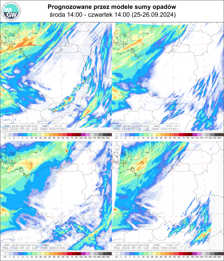 Prognozowana dobowa suma opadów na środę i czwartek (25.09.2024, 12 UTC - 26.09.2024, 12 UTC) wg wyników modeli UM 4 km, Alaro 4 km, COSMO 7 km, COSMO 2.8 km.