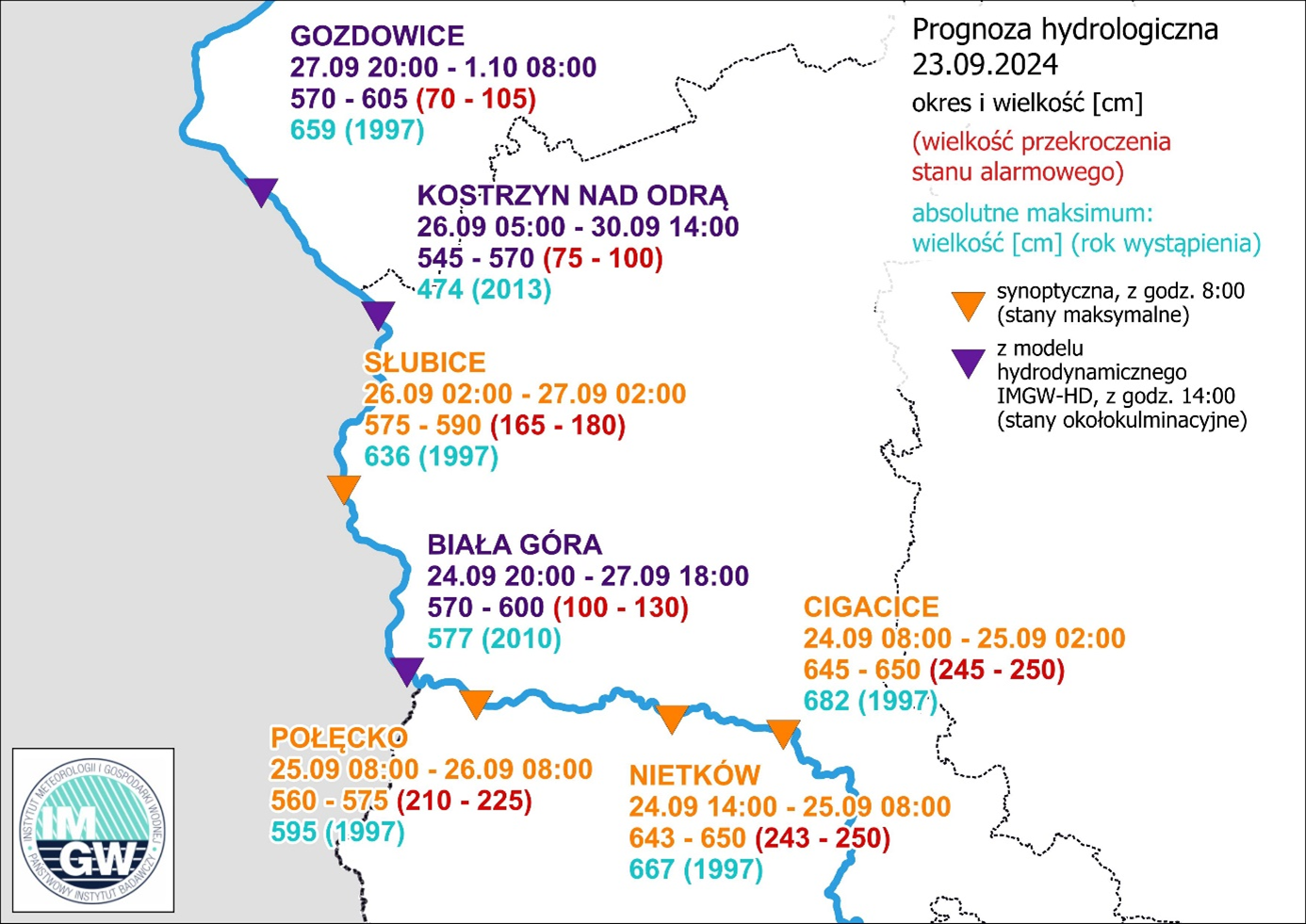 Prognoza hydrologiczna wezbrania na Odrze 24.09.2024.