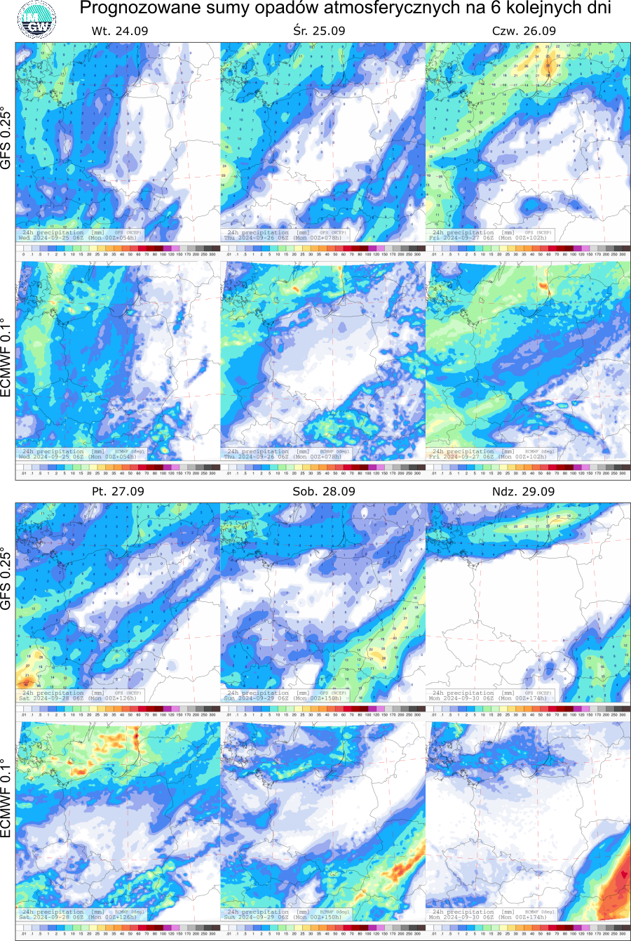 Prognozowane sumy opadów atmosferycznych na 6 dni według modeli GFS 0.25° i ECMWF 0.1°.