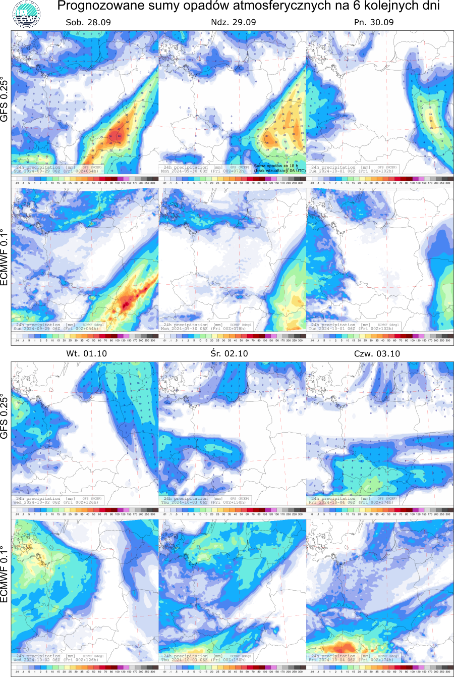 Prognozowane sumy opadów atmosferycznych na 6 dni według modeli GFS 0.25° i ECMWF 0.1°.