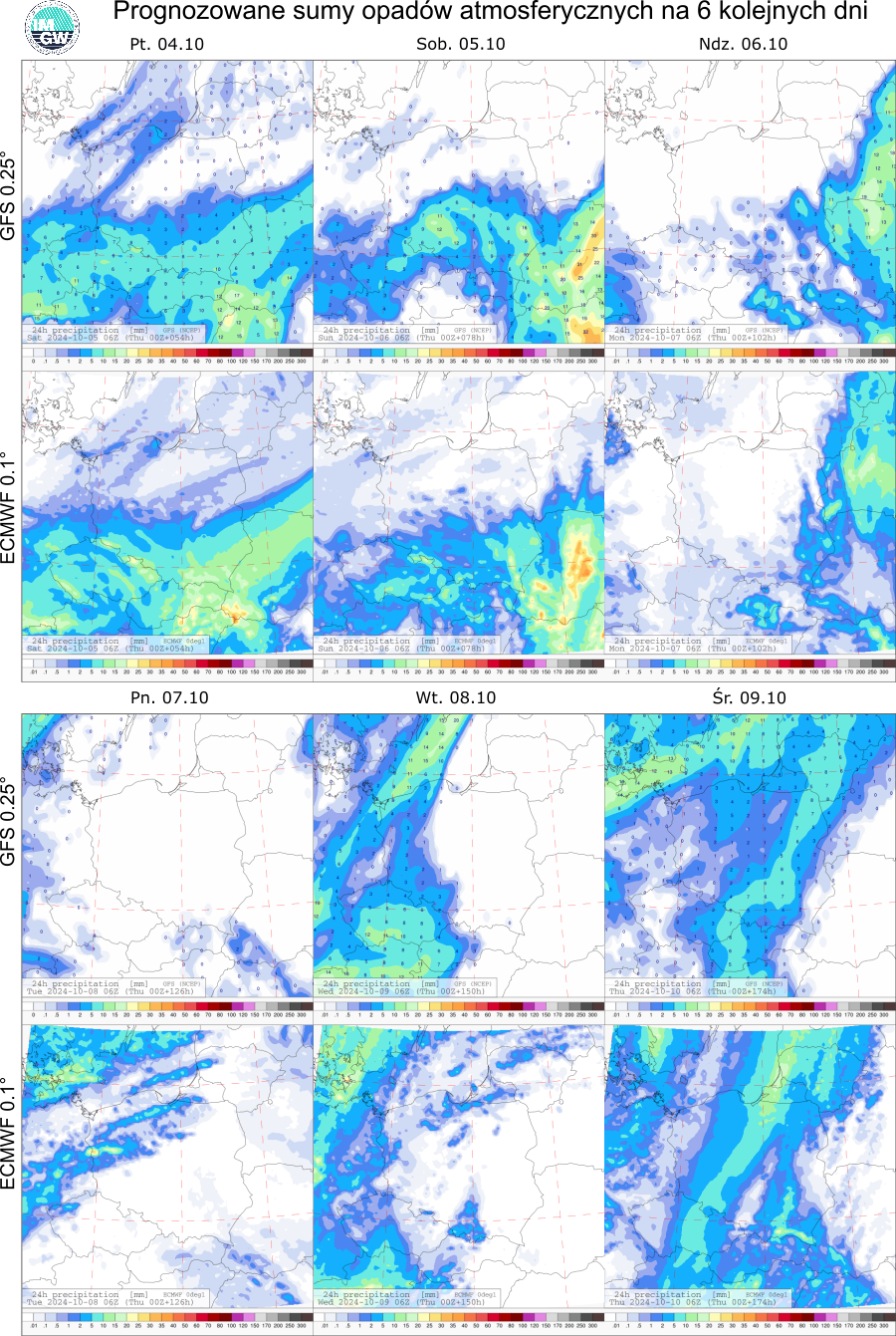 Prognozowane sumy opadów atmosferycznych na 6 dni według modeli GFS 0.25° i ECMWF 0.1°