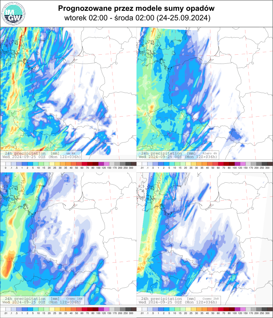 Prognozowana dobowa suma opadów na wtorek (24.09 00 UTC - 25.09 00 UTC) wg wyników modeli UM 4km, Alaro 4 km, COSMO 14 km, COSMO 2.8 km.