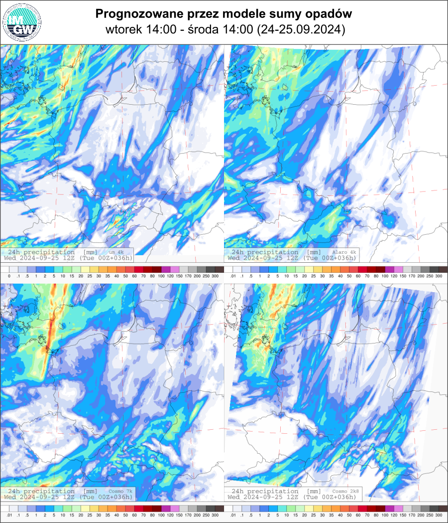 Prognozowana dobowa suma opadów na wtorek i środę (24.09.2024, 12 UTC - 25.09.2024, 12 UTC) wg wyników modeli UM 3 km, Alaro 4 km, COSMO 7 km, COSMO 2.8 km.