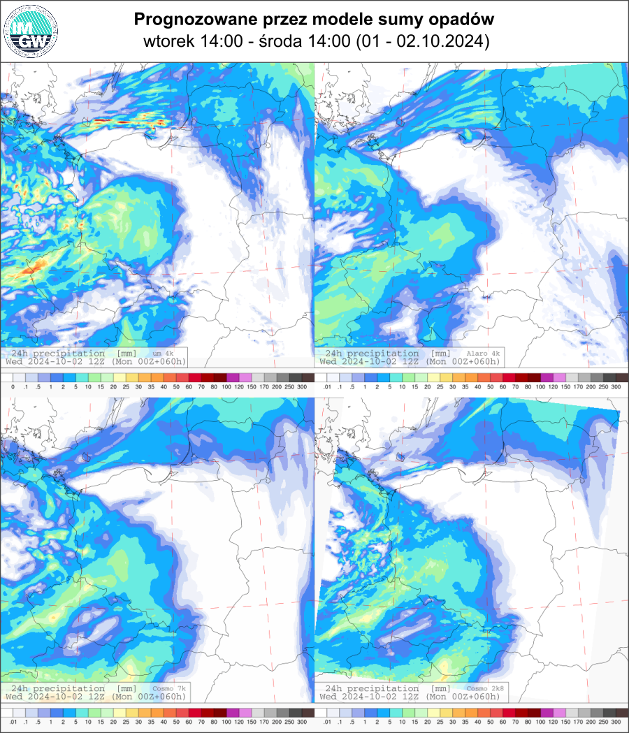 Prognozowana dobowa suma opadów na wtorek i środę (01.10.2024, 12 UTC - 02.10.2024, 12 UTC) wg wyników modeli UM 4 km, Alaro 4 km, COSMO 7 km, COSMO 2.8 km.