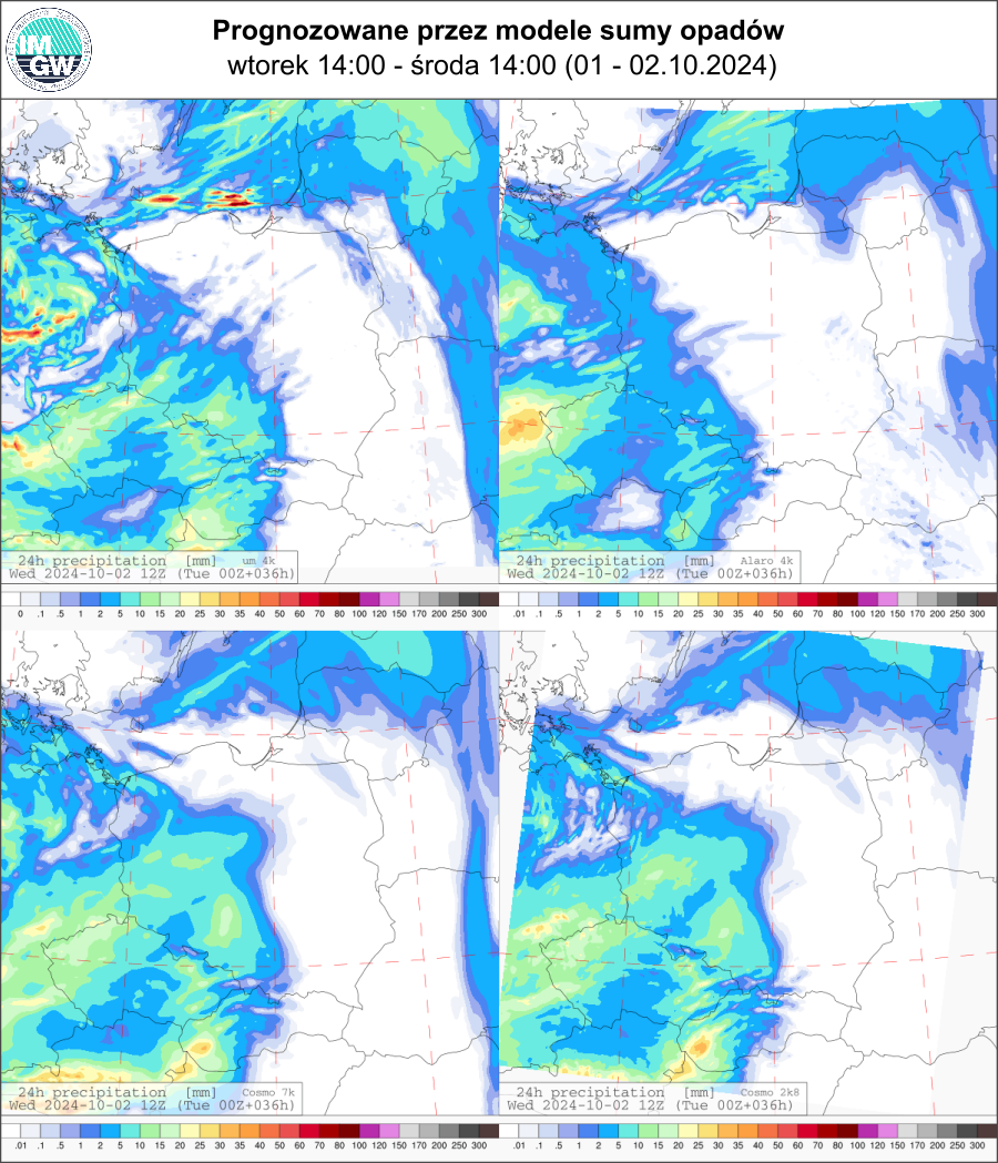 Prognozowana dobowa suma opadów na wtorek i środę (01.10.2024, 12 UTC - 02.10.2024, 12 UTC) wg wyników modeli UM 4 km, Alaro 4 km, COSMO 7 km, COSMO 2.8 km.