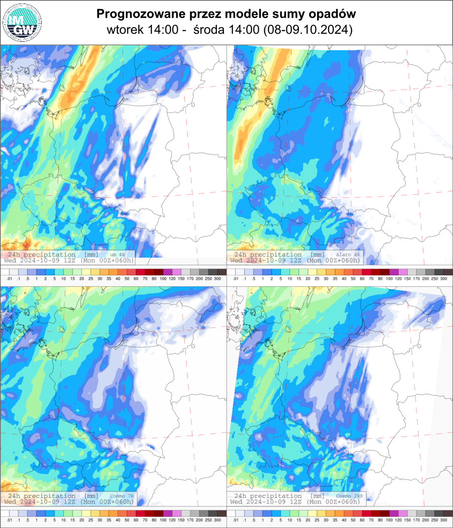 Prognozowana dobowa suma opadów na wtorek i środę (08.10.2024, 12 UTC - 09.10.2024, 12 UTC) wg wyników modeli UM 4 km, Alaro 4 km, COSMO 7 km, COSMO 2.8 km.