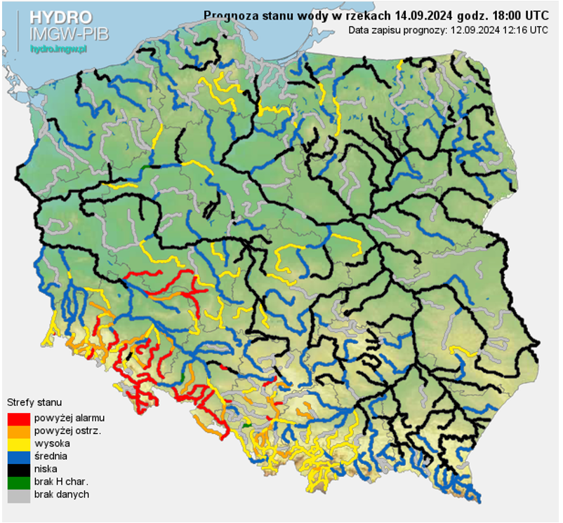 Prognozowana sytuacja hydrologiczna 14.09.2024 r. (18 UTC)